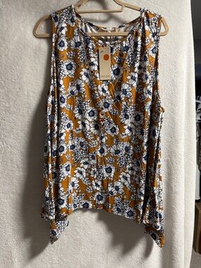 Hot Gal Mustard Floral Tank Top with Navy and White Print